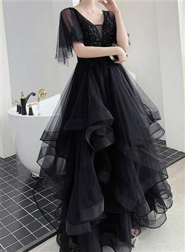 Picture of Charming Black Color Prom Dresses V Neck Long Formal Dress, Black Color Layers Long Evening Dress